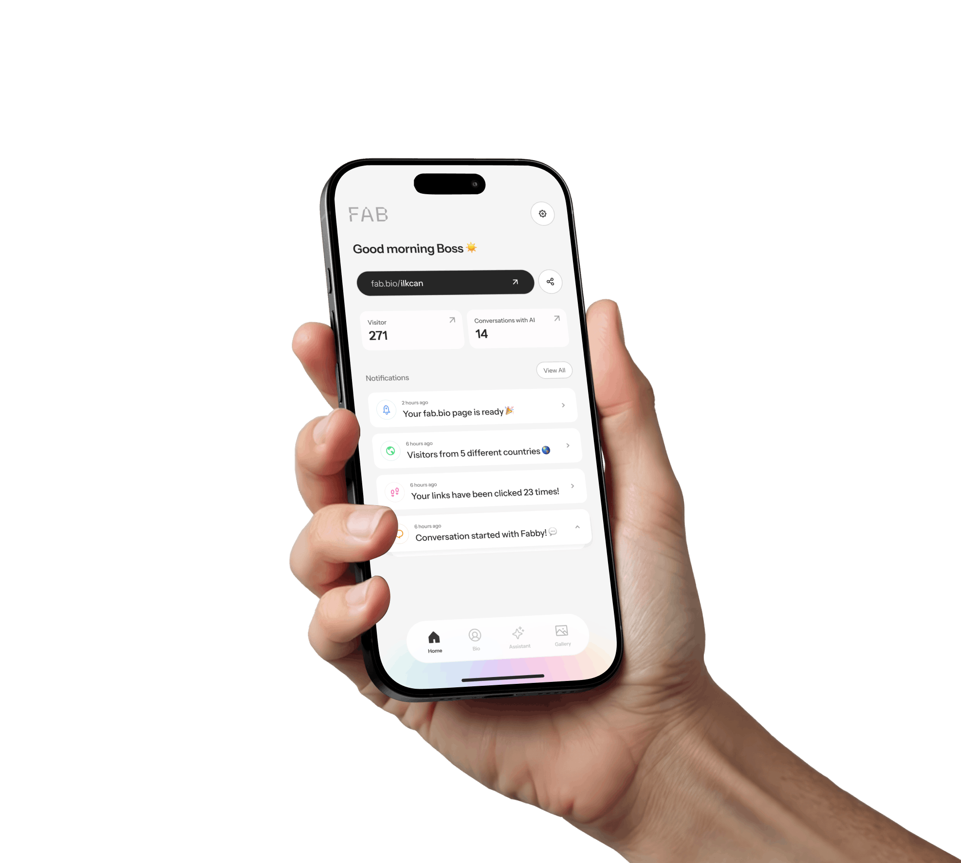 Hand holding phone with FAB app